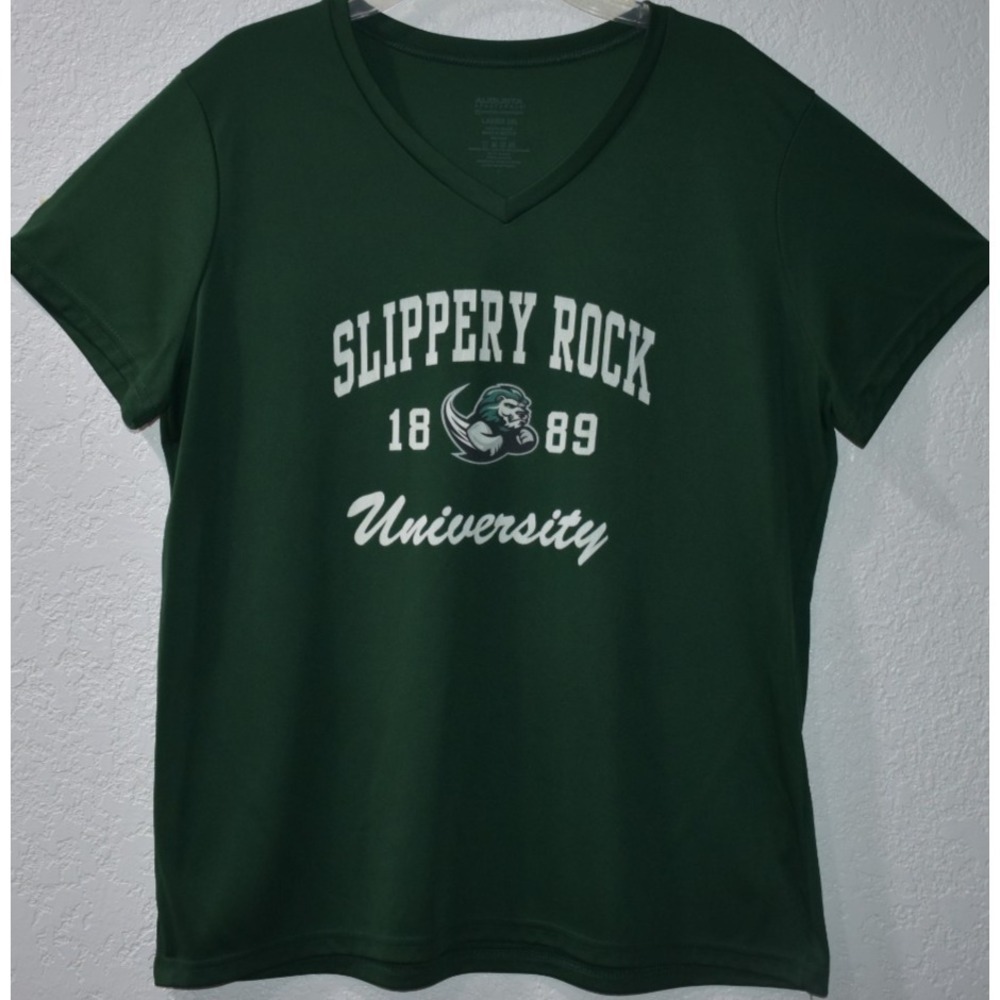 Slippery Rock University Tee Womens 2XL V-Neck GREEN Short Sleeve STRETCH TShirt